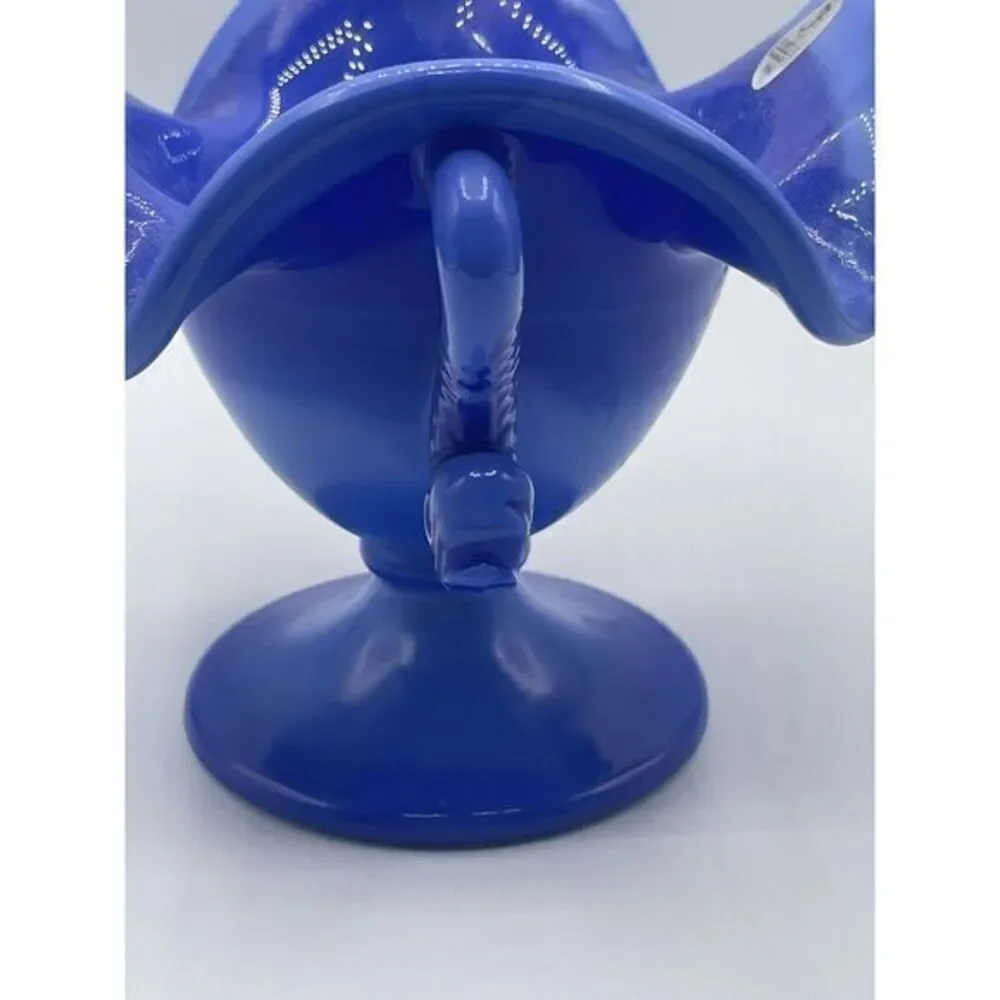 Fenton Periwinkle Blue Dolphin Head Handled‎ Compote Pedestal Bowl Vase